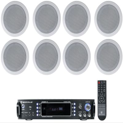 Audiosavings Bundle: (1) RV RPA60BT V2 1000 Watt 2-Ch USB Bluetooth Karaoke Amplifier Mixer Bundle with (4) 2 RV HC55-16 White 5.25" 300 Watt White Ceiling Speakers for Restaurant/Bar (Items 5)