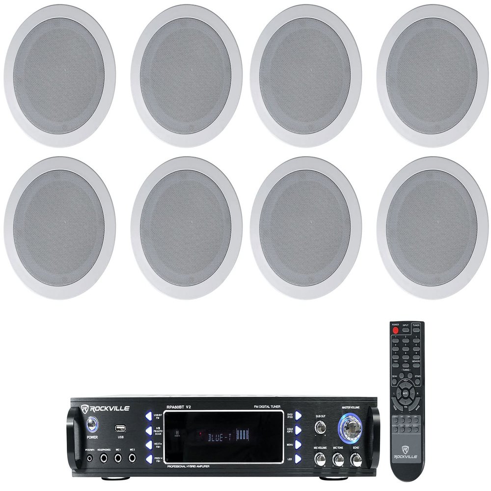 Audiosavings Bundle: (1) RV RPA60BT V2 1000 Watt 2-Ch USB Bluetooth Karaoke Amplifier Mixer Bundle with (4) 2 RV HC55-16 White 5.25" 300 Watt White Ceiling Speakers for Restaurant/Bar (Items 5)