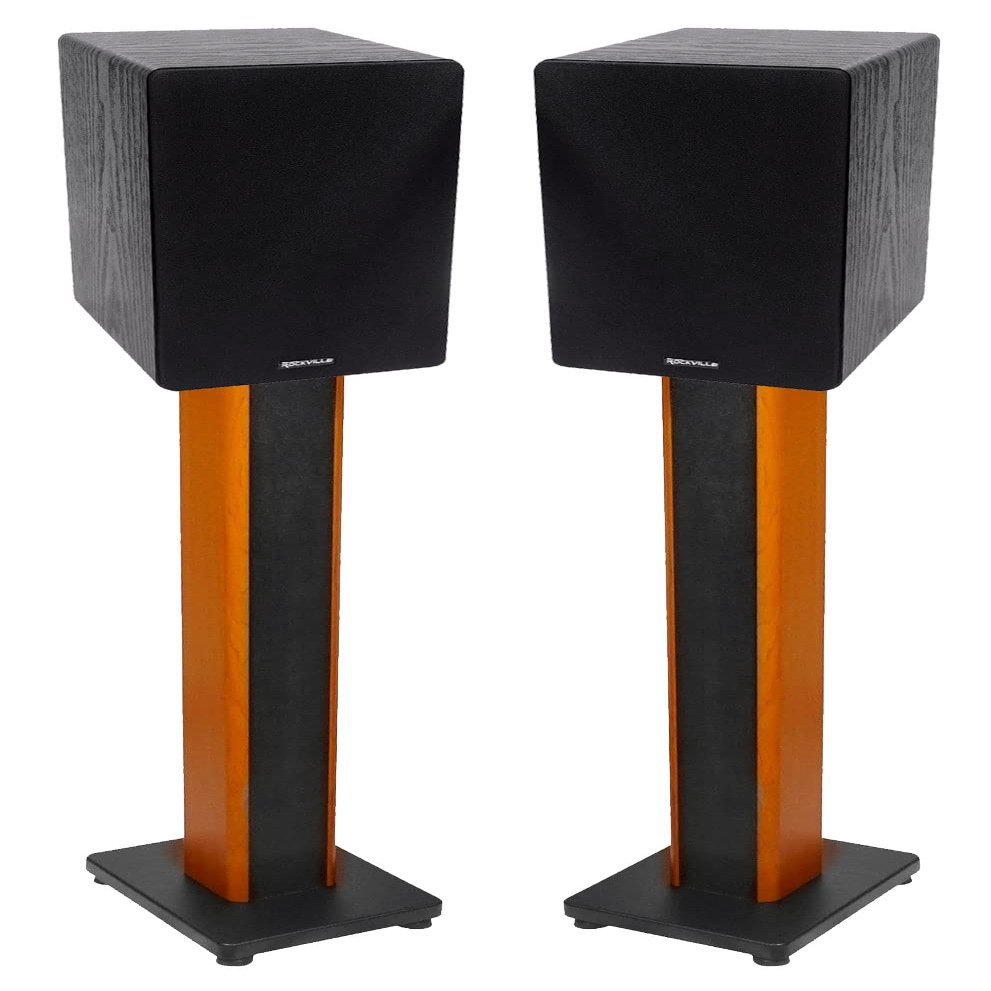 Rockville RockShelf 64B Bundle: (2) 6.5 in Black 400W Peak/100W RMS Per Pair, 4 Ohm Bookshelf Speakers, (2) RHTSC 36 in Surround Sound Speaker Stands for Music, TV, and Studio Audio, 4 iItems