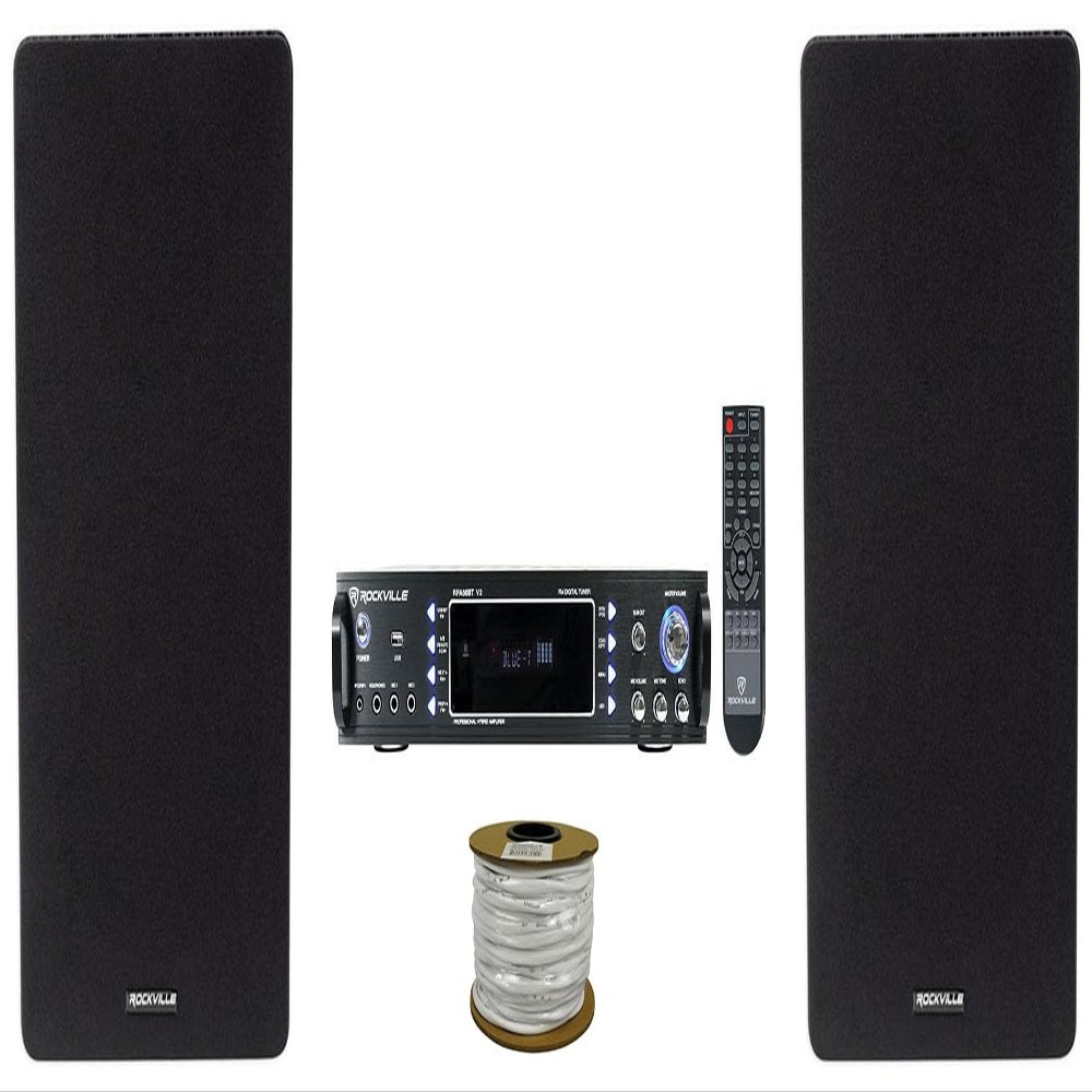 Rockville RockShelf 68B Bundle: Pair 6.5" Home Bookshelf Speakers 50W RMS/200W Peak Each, 8 Ohm, RPA60BT V2 2-Channel 1000W Bluetooth Karaoke Amp, R14GSBR100 Mini-Spool 14 AWG Car Audio Wire, 3-Items