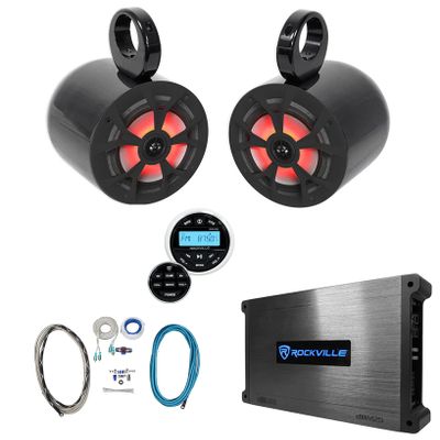 Rockville RKL65MBW Bundle: (2) 6.5" 700W Marine LED Boat Speakers, (2) MAC65B Aluminum Wakeboard Pods, DBM25 1500W Peak/370W RMS Marine Amplifier, RGHR2 Bluetooth Receiver, RMWK4 4 AWG Kit, 7-Items