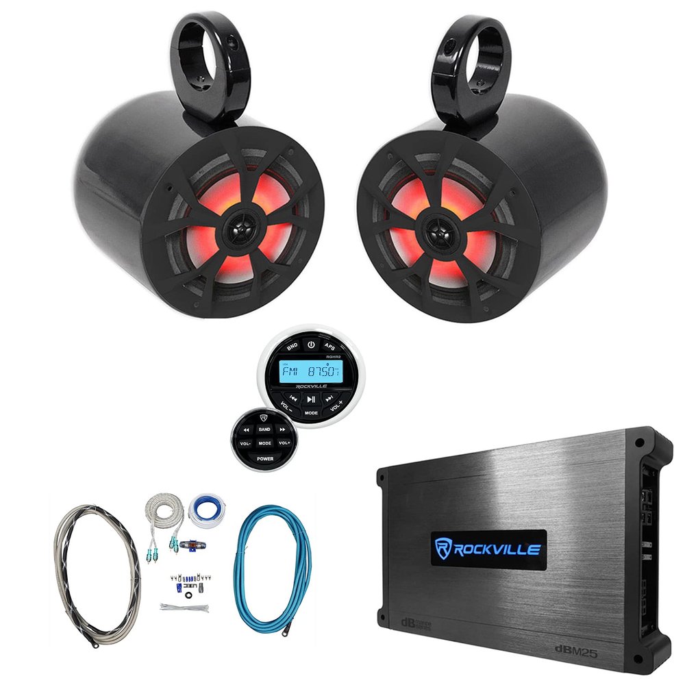 Rockville RKL65MBW Bundle: (2) 6.5" 700W Marine LED Boat Speakers, (2) MAC65B Aluminum Wakeboard Pods, DBM25 1500W Peak/370W RMS Marine Amplifier, RGHR2 Bluetooth Receiver, RMWK4 4 AWG Kit, 7-Items