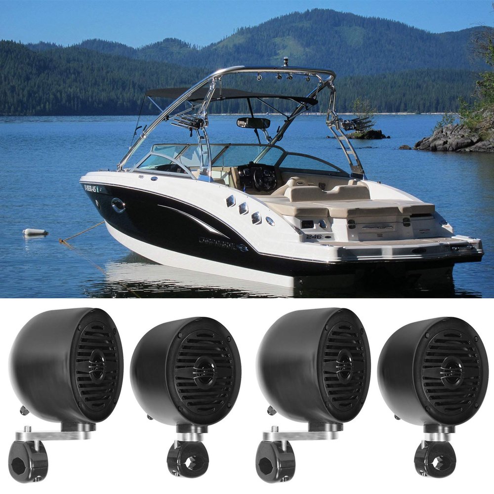 Rockville MS40B Bundle: (2) Pairs 4 in 200-Watt Marine Boat Speakers, (2) Pairs MAC40B 4 in Swivel Aluminum Wakeboard Tower Speaker Pods for ATV UTV, 8-Items