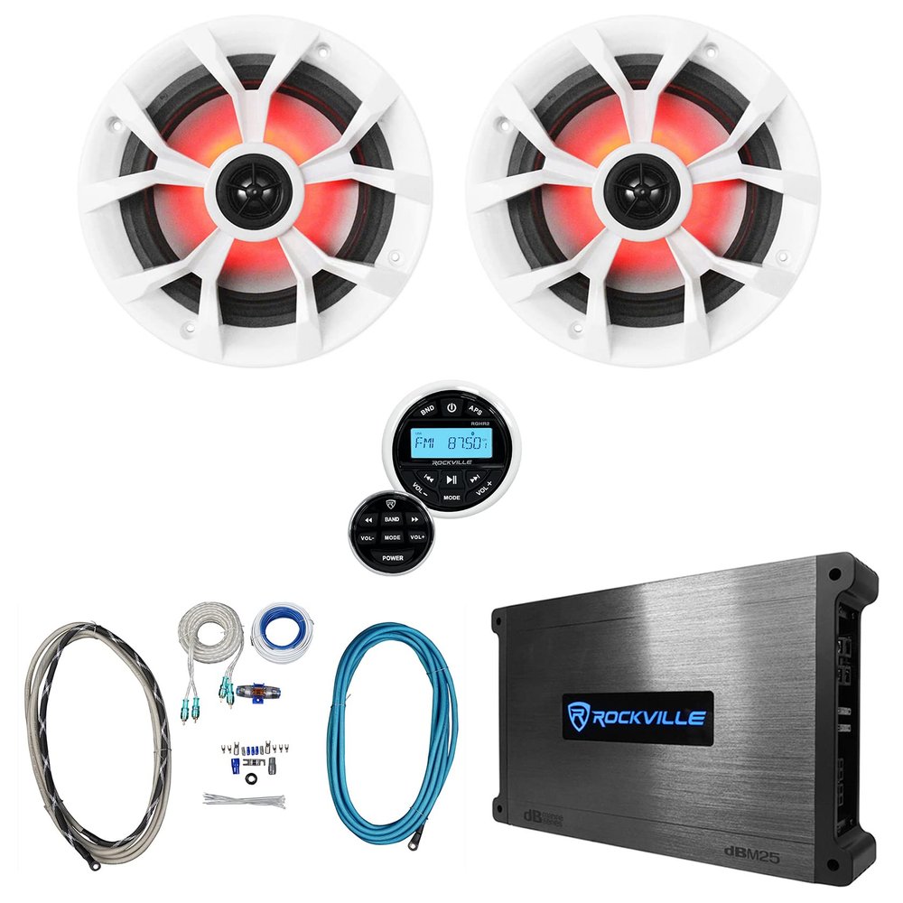 Rockville RKL65MBW Bundle: (2) 6.5 in 700-Watt 4 Ohm LED Speakers, DBM25 Class-AB 1500W Peak/ 370W RMS Marine Amplifier, RGHR2 Gauge Hole Receiver, RMWK4 4-Gauge Amp Install Kit, 5-Items