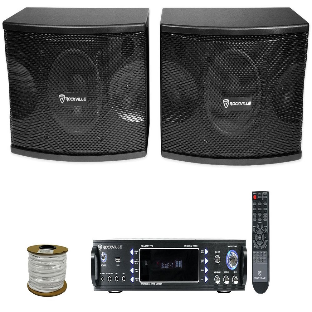 Rockville KPS80 Bundle: Pair 8-in 1600W Peak/400W RMS Karaoke Wall Speakers, RPA60BT V2 1000W 2-Channel Bluetooth Amplifier, RCC14-100-2 CL2 100ft Speaker Wire for Restaurant/Bar/Caf, 3-Items