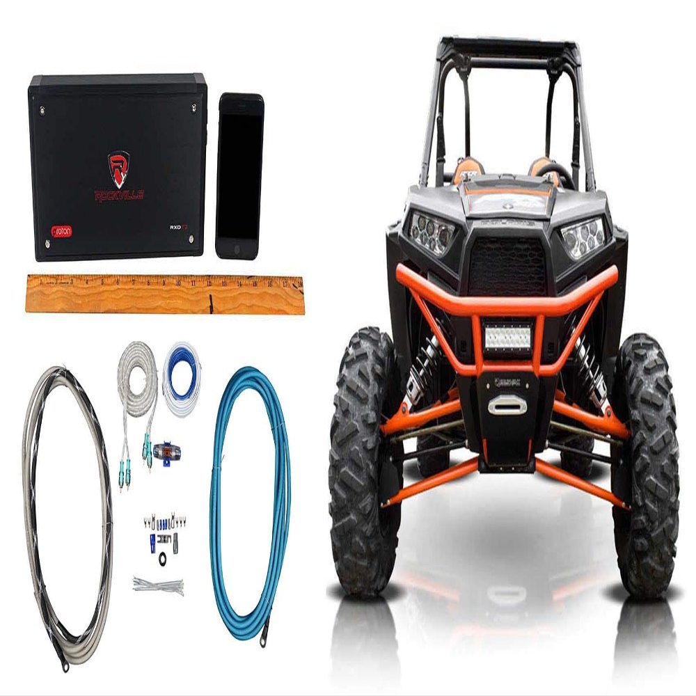 Rockville RXD-T2 Bundle: 2400-Watt Peak 2 Channel Micro Class D Water Resistant Car Amplifier, RMWK4 4 AWG Gauge Waterproof Marine Amplifier Install Wire Kit, 2-Items