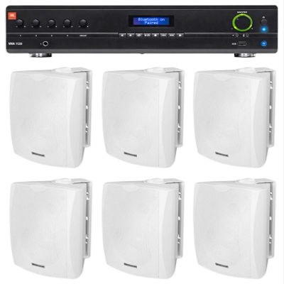 Audiosavings Bundle: JBL VMA1120 Commercial 120W 70v Bluetooth Amplifier, 5 Inputs Bundle with (6) Rockville WET-5W 70V 5.25" IPX55 Commercial Indoor/Outdoor Wall Speaker - White (7 Items)