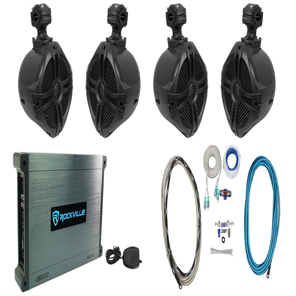 Rockville RWB70B Bundle: (2) 6.5 in 250W Peak / 150W RMS Marine Wakeboard 360 Swivel Tower Speakers, DBM45 4-Channel 500-Watt RMS Marine Amplifier, RMWK4 4 AWG Waterproof Amp Install Kit, 3-Items