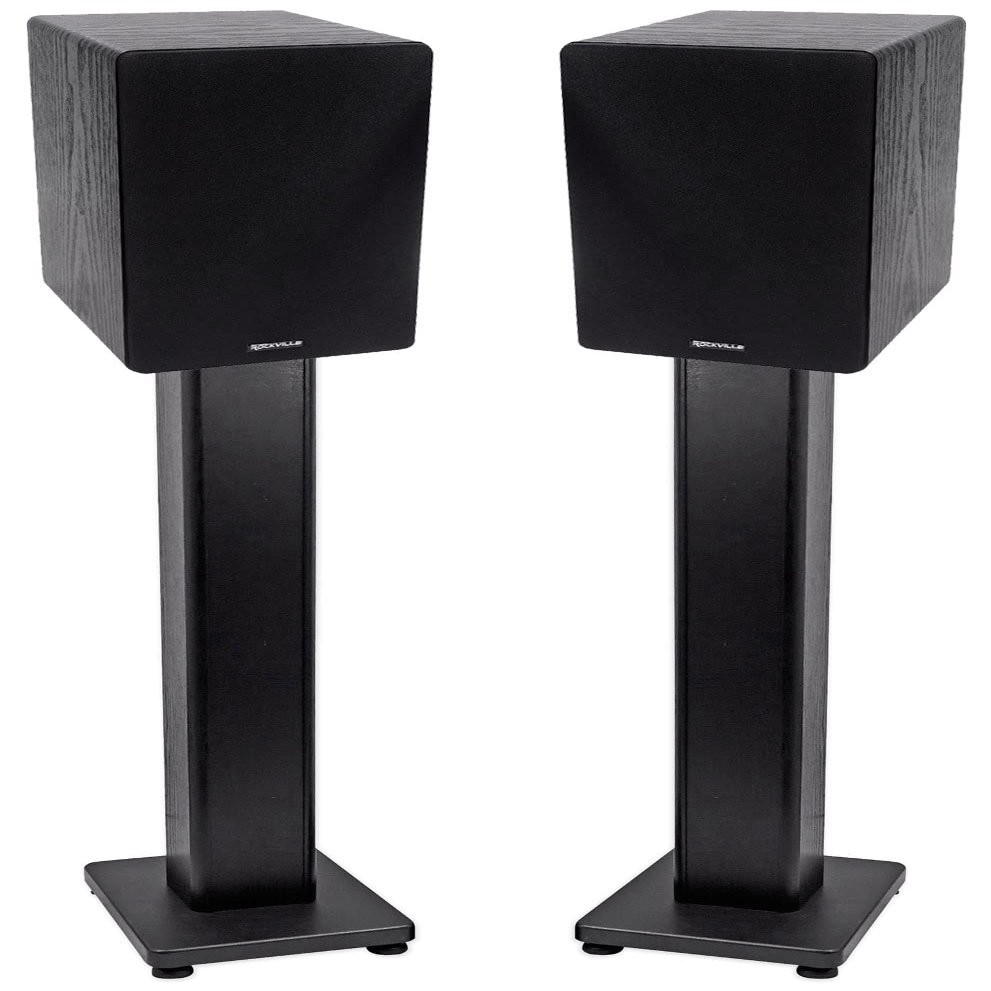 Rockville RockShelf 68B Bundle: Pair 6.5 in Home Bookshelf Speakers 50W RMS / 200W Peak Each, 8 Ohm, Pair RHTSB 36 in Fixed Surround Sound Speaker Stands for Living Room or Studio, 2-Items