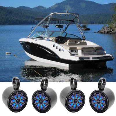 Audiosavings Bundle: (2) Pair Kicker 45KM84L 8" 600 Watt Marine Boat Waterproof Speakers w/LED's KM8 Bundle with (2) Pair Rockville MAC80B 7.7 Black Aluminum Wakeboard Tower Speaker (8 Items)