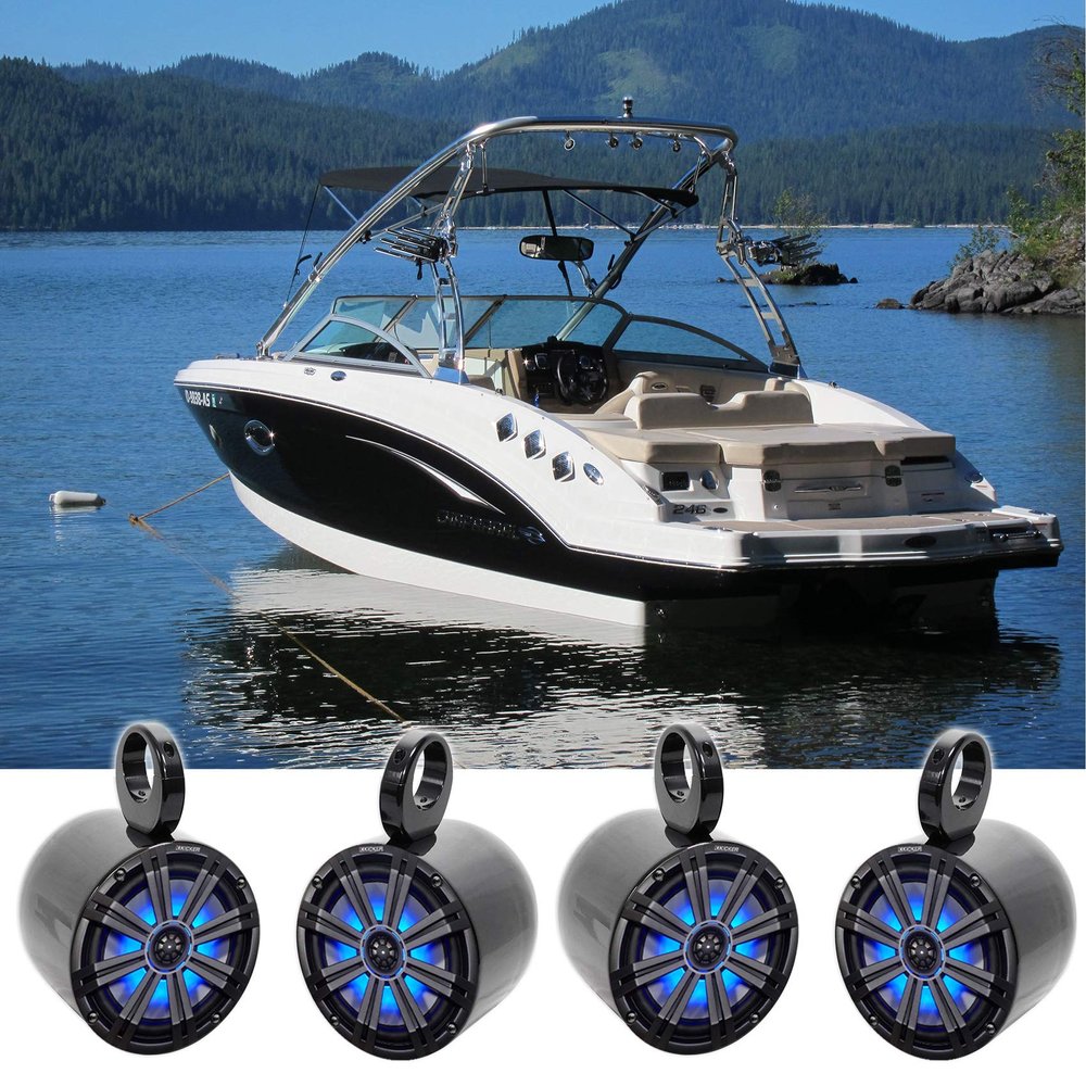 Audiosavings Bundle: (2) Pair Kicker 45KM84L 8" 600 Watt Marine Boat Waterproof Speakers w/LED's KM8 Bundle with (2) Pair Rockville MAC80B 7.7 Black Aluminum Wakeboard Tower Speaker (8 Items)