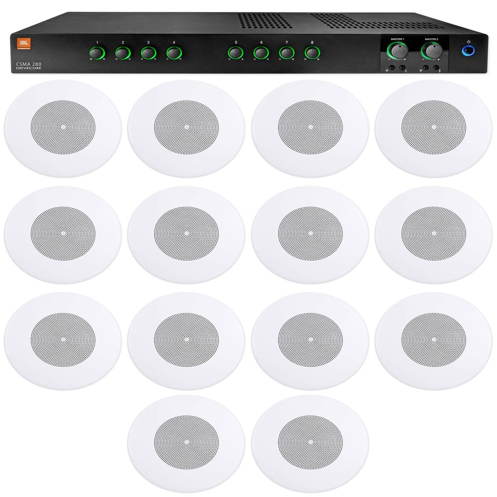 Audiosavings Bundle: JBL CSMA280 Commercial/Restaurant 2 x 80w Amplifier 4ohm/8ohm/70V/100V, 8 inputs Bundle with (14) JBL CSS8018 8" Commercial 70V/100V Ceiling Speaker (15 Items)