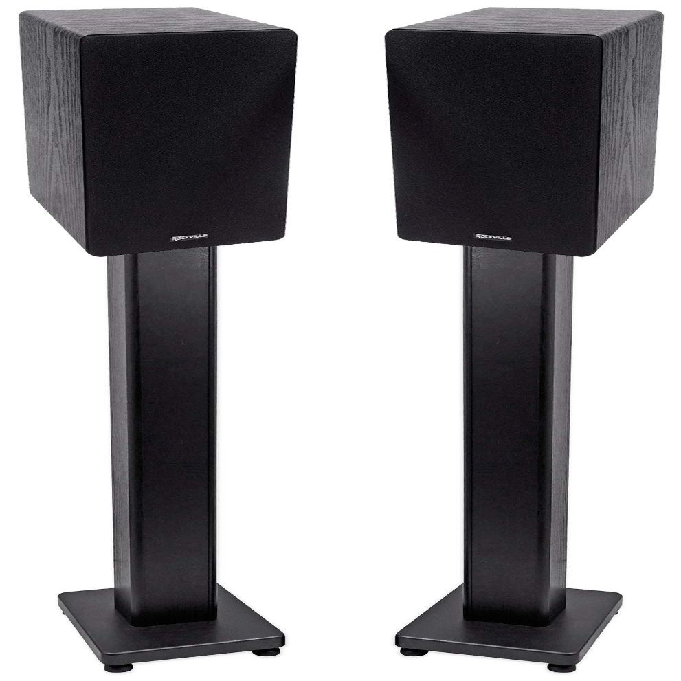 Rockville RockShelf 68B 400-Watt Bundle: Pair 6.5 in Home Bookshelf Speakers 8 Ohm, Pair RHT28 28 in Surround Sound Speaker Stands for Home Theater, 4-Items