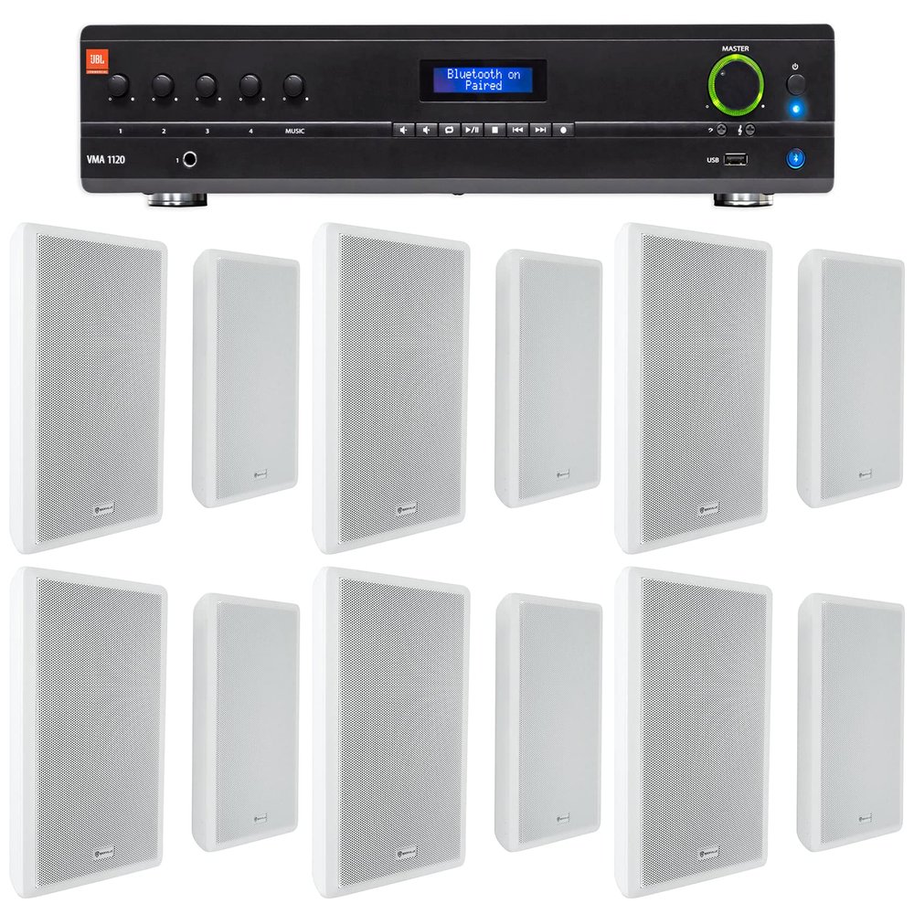 Audiosavings Bundle: JBL VMA1120 Commercial 120W 70v Bluetooth Amplifier, 5 Inputs Bundle with (6) Pair Rockville RockSlim 70W White 5.25" 70v Commercial Restaurant Wall Speakers (13 Items)