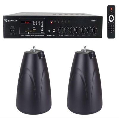Rockville PEN-65T Bundle: (2) Black 6.5-in 70V Hanging Pendant Speakers for Restaurant/Bar/Cafe, RCS80-1 60-Watt 70V Bluetooth Amplifier Receiver, 3-Items