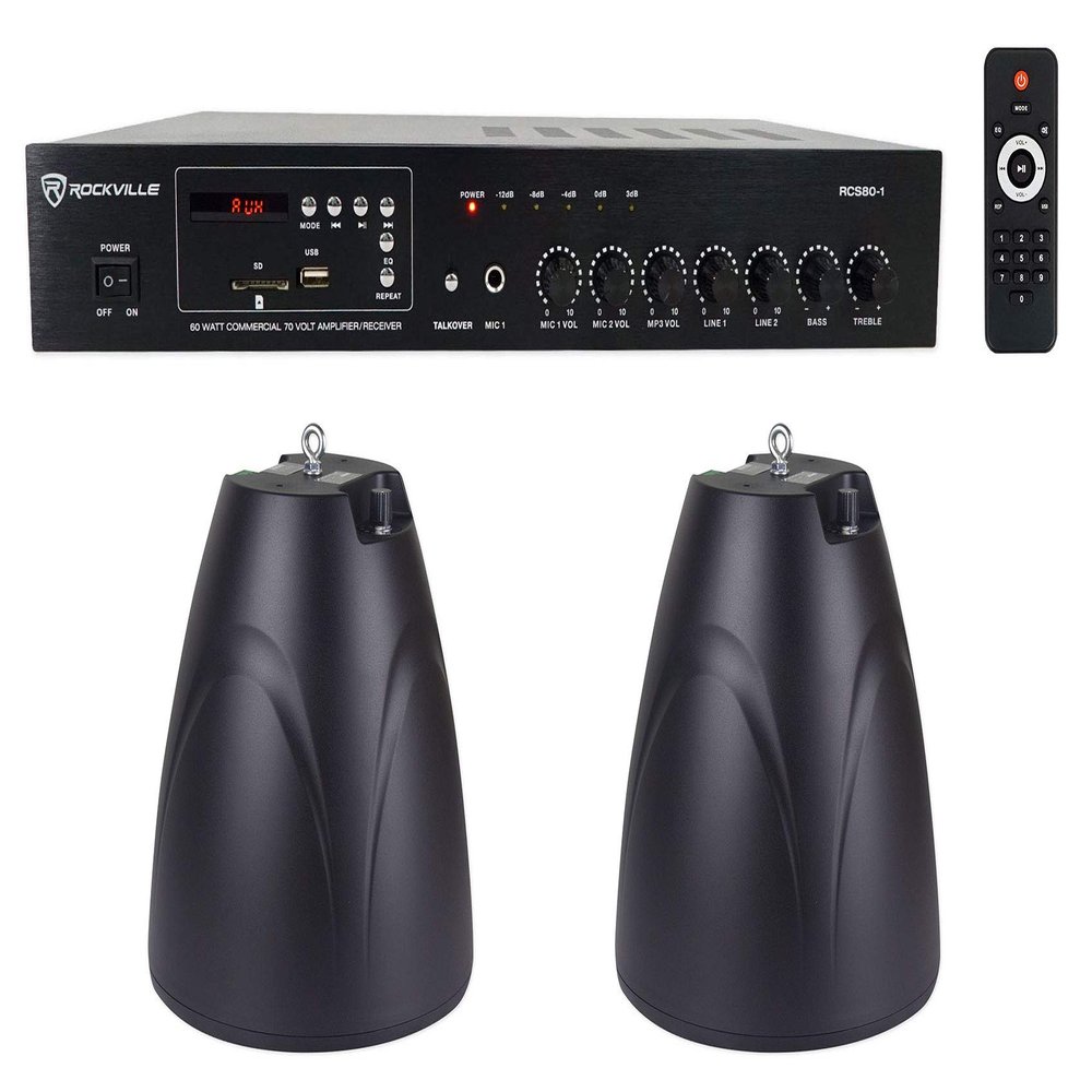 Rockville PEN-65T Bundle: (2) Black 6.5-in 70V Hanging Pendant Speakers for Restaurant/Bar/Cafe, RCS80-1 60-Watt 70V Bluetooth Amplifier Receiver, 3-Items
