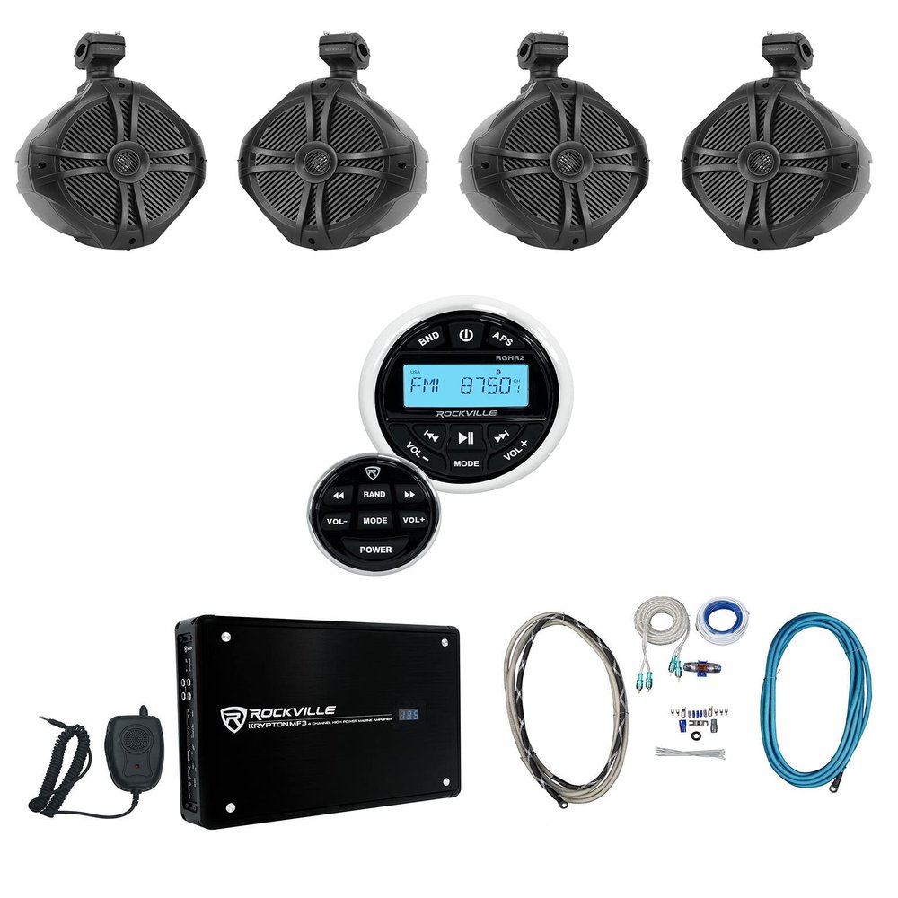Rockville RGHR2 Bundle: Marine Gauge Hole Receiver with Bluetooth, RMWK4 4 AWG Amp Install Kit, (4) RWB90B 8-in 300W Wakeboard Speaker, Krypton MF3 1600W 4-Channel Amplifier, 7-Items