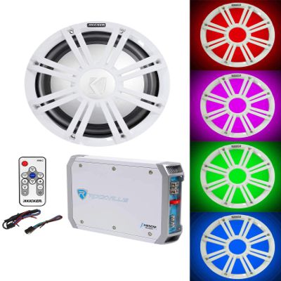 Audiosavings Bundle: Kicker 45KMF104 10" Marine Boat Subwoofer Bundle with 45KMG10W 10" White Grille & 41KMLC KMLC LED Light Controller, Rockville RXM-T1 Marine Amplifier (4 Items)
