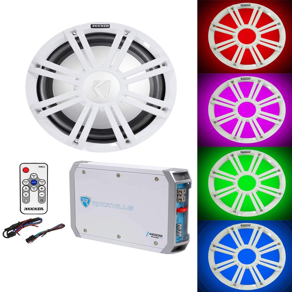Audiosavings Bundle: Kicker 45KMF104 10" Marine Boat Subwoofer Bundle with 45KMG10W 10" White Grille & 41KMLC KMLC LED Light Controller, Rockville RXM-T1 Marine Amplifier (4 Items)