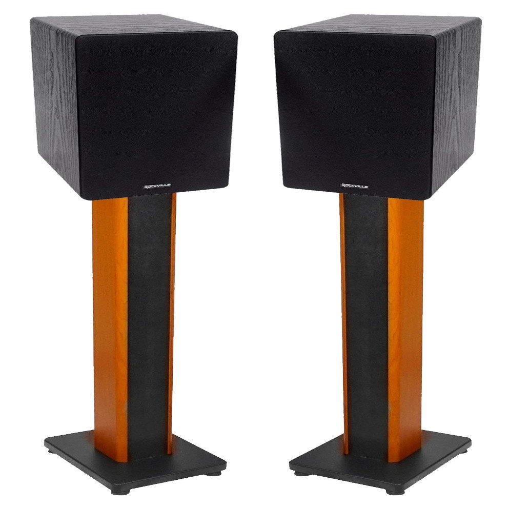 Rockville RockShelf 68B Bundle: Pair 6.5 in Black Home Bookshelf Speakers 50W RMS / 200W Peak Each, 8 Ohm, Pair RHTSC 36 in Classic Wood Stands with Adjustable Top Platforms, 4-Items