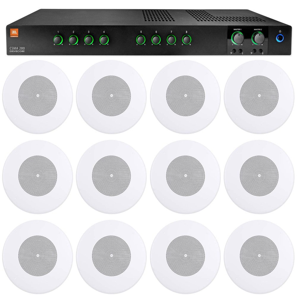 Audiosavings Bundle: JBL CSMA280 Commercial/Restaurant 2 x 80w Amplifier 4ohm/8ohm/70V/100V, 8 inputs Bundle with (12) JBL CSS8018 8" Commercial 70V/100V 10 Watt Ceiling Speaker (13 Items)