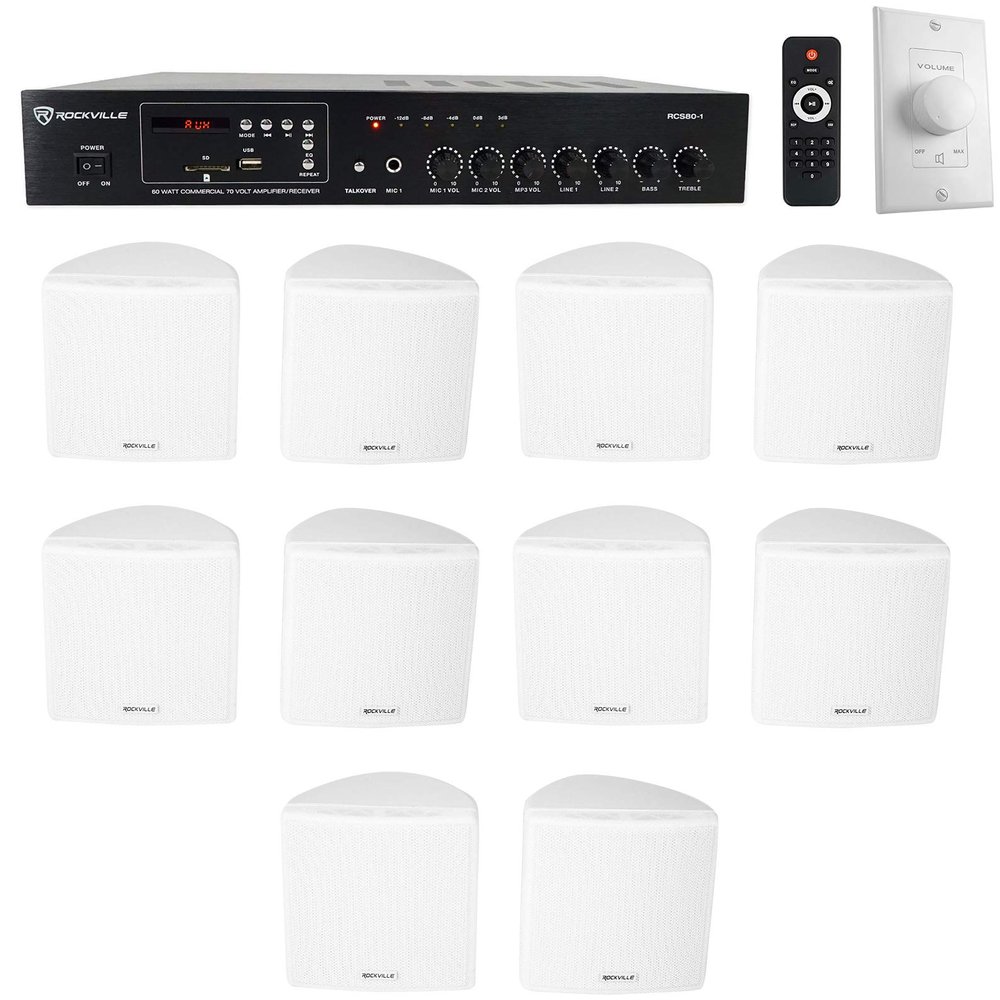 Rockville RCS80-1 60W 70v Restaurant Amp with VOL70100 10 Cube Speakers