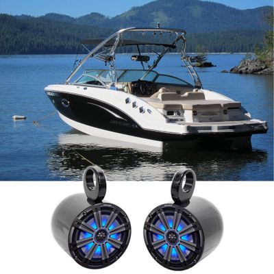 Audiosavings Bundle: (1) Pair Kicker 45KM84L 8" 600 Watt Marine Boat Waterproof Speakers w/LED's KM8 Bundle with (1) Pair Rockville MAC80B 7.7 Black Aluminum Wakeboard Tower Speaker (4 Items)