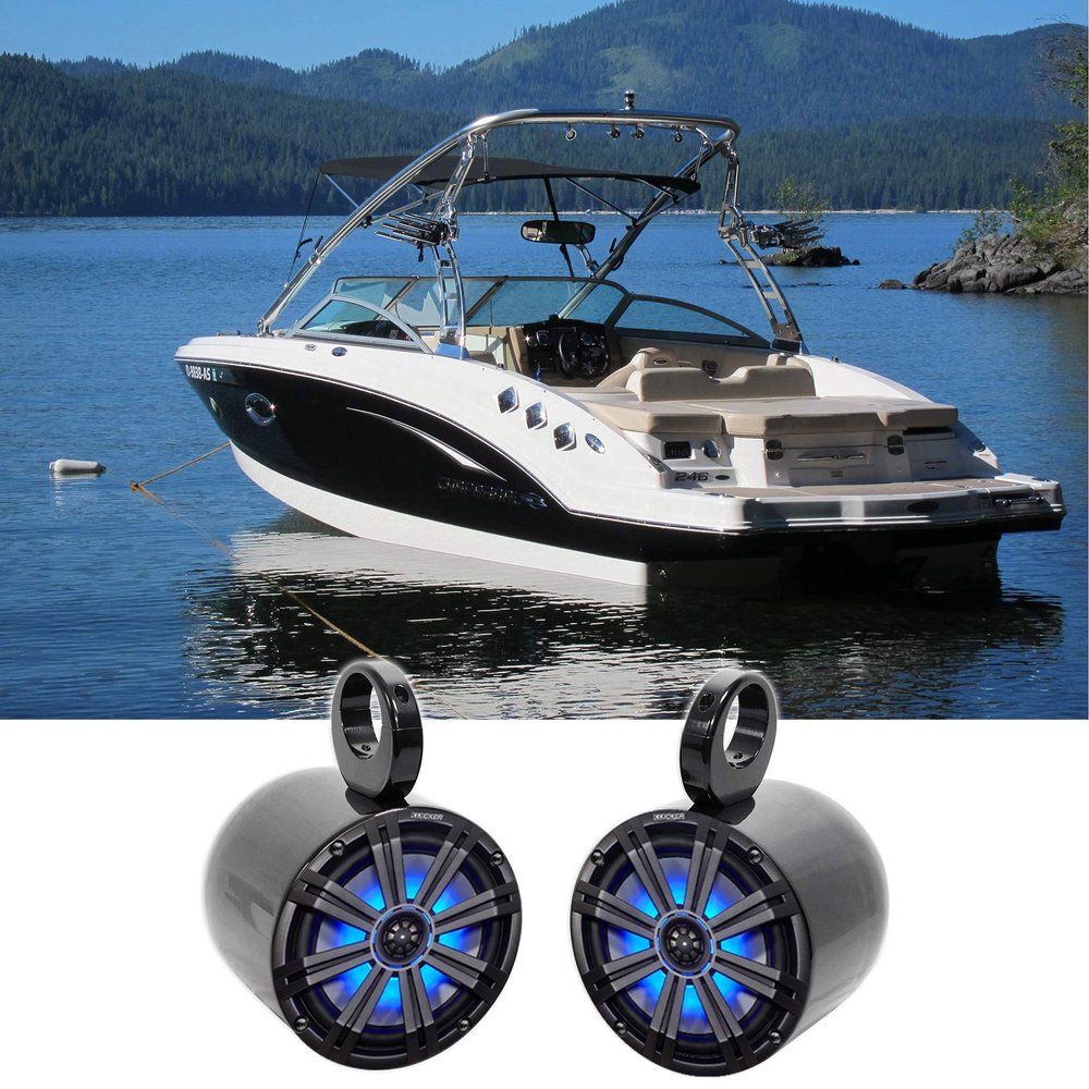 Audiosavings Bundle: (1) Pair Kicker 45KM84L 8" 600 Watt Marine Boat Waterproof Speakers w/LED's KM8 Bundle with (1) Pair Rockville MAC80B 7.7 Black Aluminum Wakeboard Tower Speaker (4 Items)