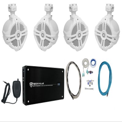 Rockville Bundle: (2) Pair RWB65W Wakeboard Tower Speakers Bundle RXM-F4 Amp Microphone RMWK4 Marine Amp Install Wire Kit MRCA20 RCA Cable (7 Items)