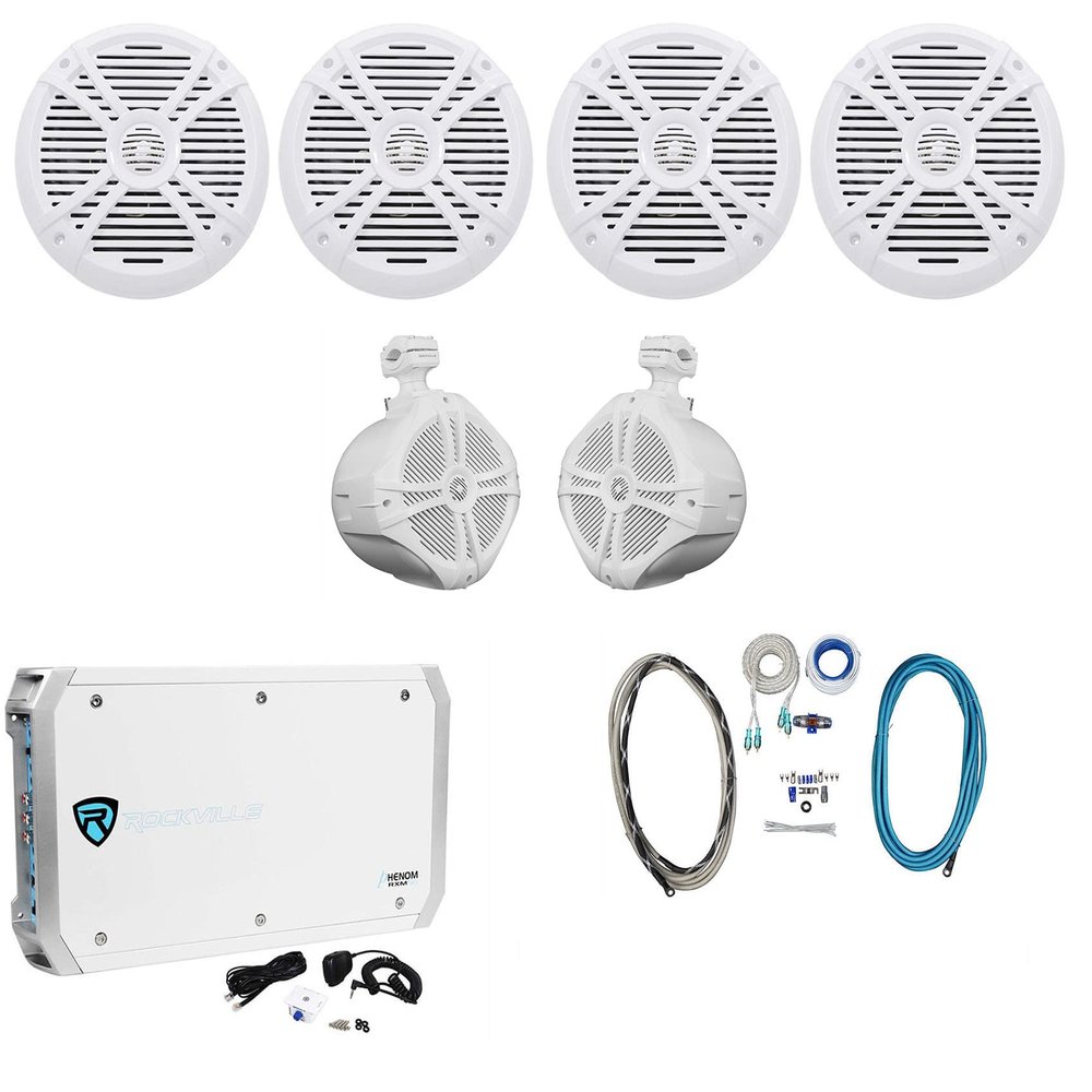 Rockville RMSTS80W Bundle: (4) 8-Inch 1000W Marine Speakers, (2) RWB90W 8-Inch Wakeboard Tower Speakers, RXM-S6 6-Channel 2600-Watt Marine Amplifier, RMWK4 4-Gauge Waterproof Amp Wiring Kit, 8-Items
