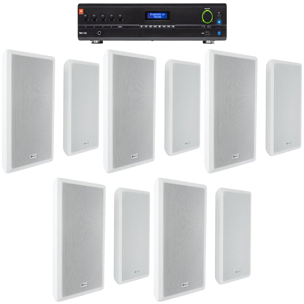 Audiosavings Bundle: JBL VMA1120 Commercial 120W 70v Bluetooth Amplifier, 5 Inputs Bundle with (5) Pair Rockville RockSlim 70W White 5.25" 70v Commercial Restaurant Wall Speakers (11 Items)