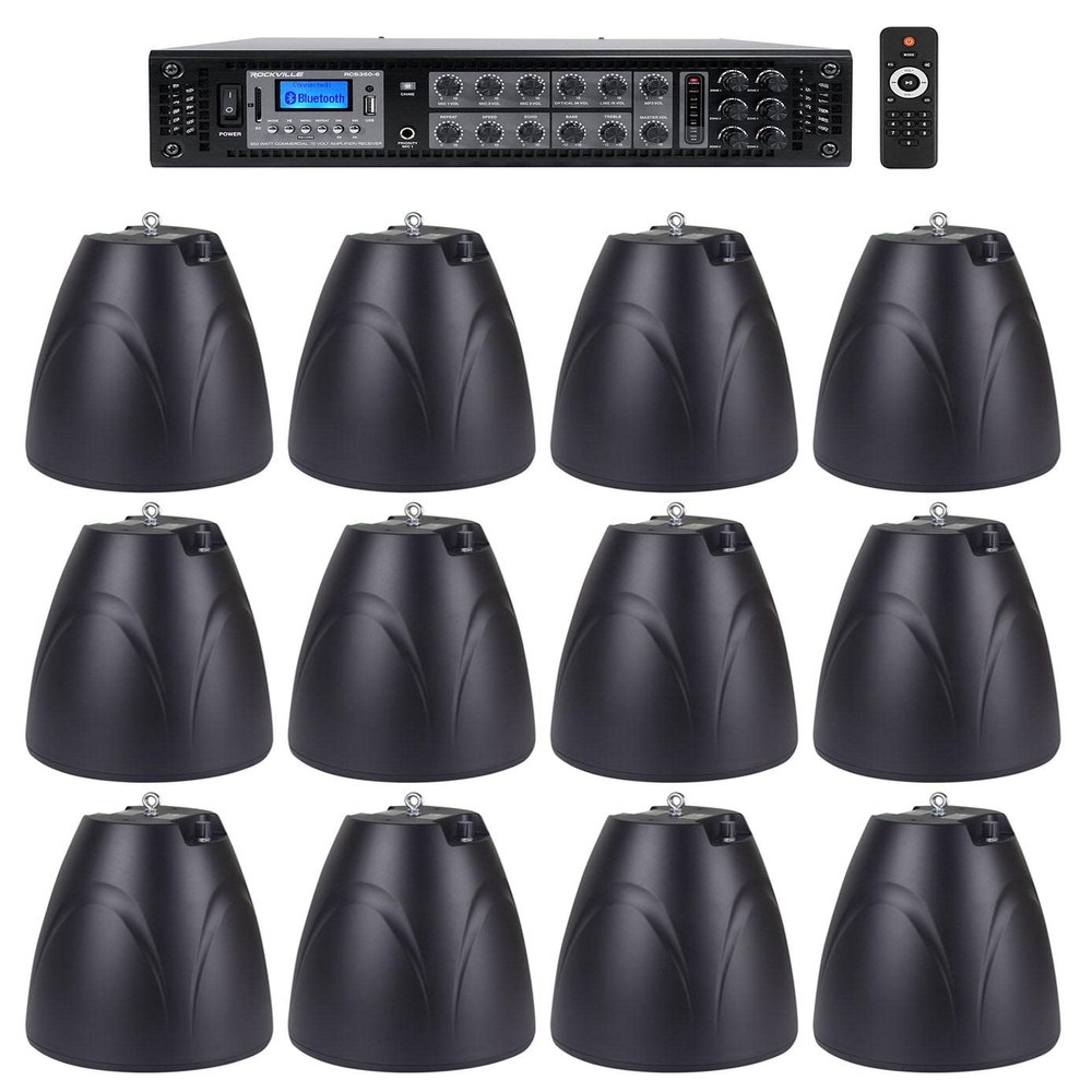 Rockville Bundle RCS350-6 350 Watt 6 Zone 70v Commercial/Amp/Bluetooth Bundle with (12) PEN-65T Black 6.5" 70V Hanging Pendant Speaker Commercial (13 Items)
