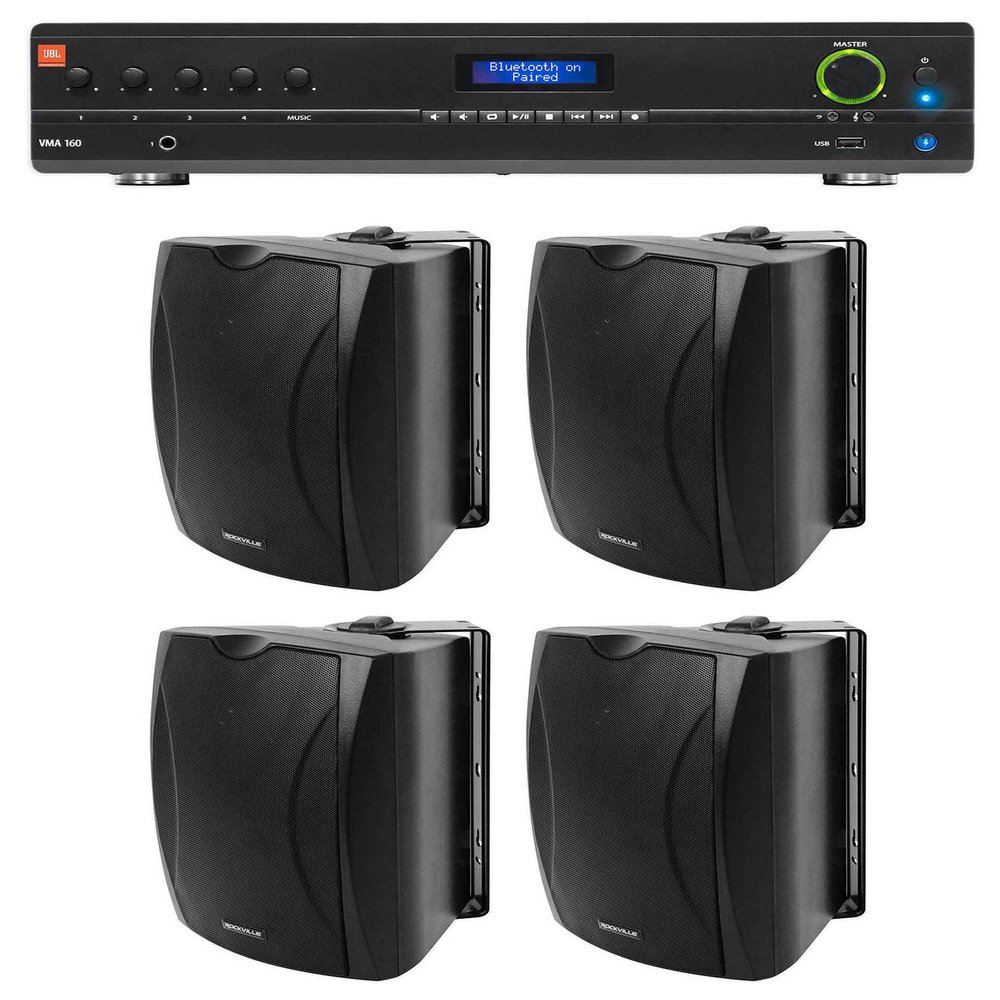 Audiosavings Bundle: JBL VMA160 60-Watt 70 Volt 70V Mixer/Amplifier with Bluetooth Bundle with (4) Rockville WET-6B 70V 6.5" IP55 Commercial Indoor/Outdoor Wall Speaker (5 Items)