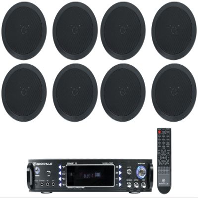 Rockville RPA60BT V2 Bundle: 1000-Watt 2-Channel USB Bluetooth DJ/Pro/Karaoke Amplifier Mixer, (8) HC55-16 Black 5.25 in 300-Watt in-Ceiling Home Theater Speakers, 9-Items