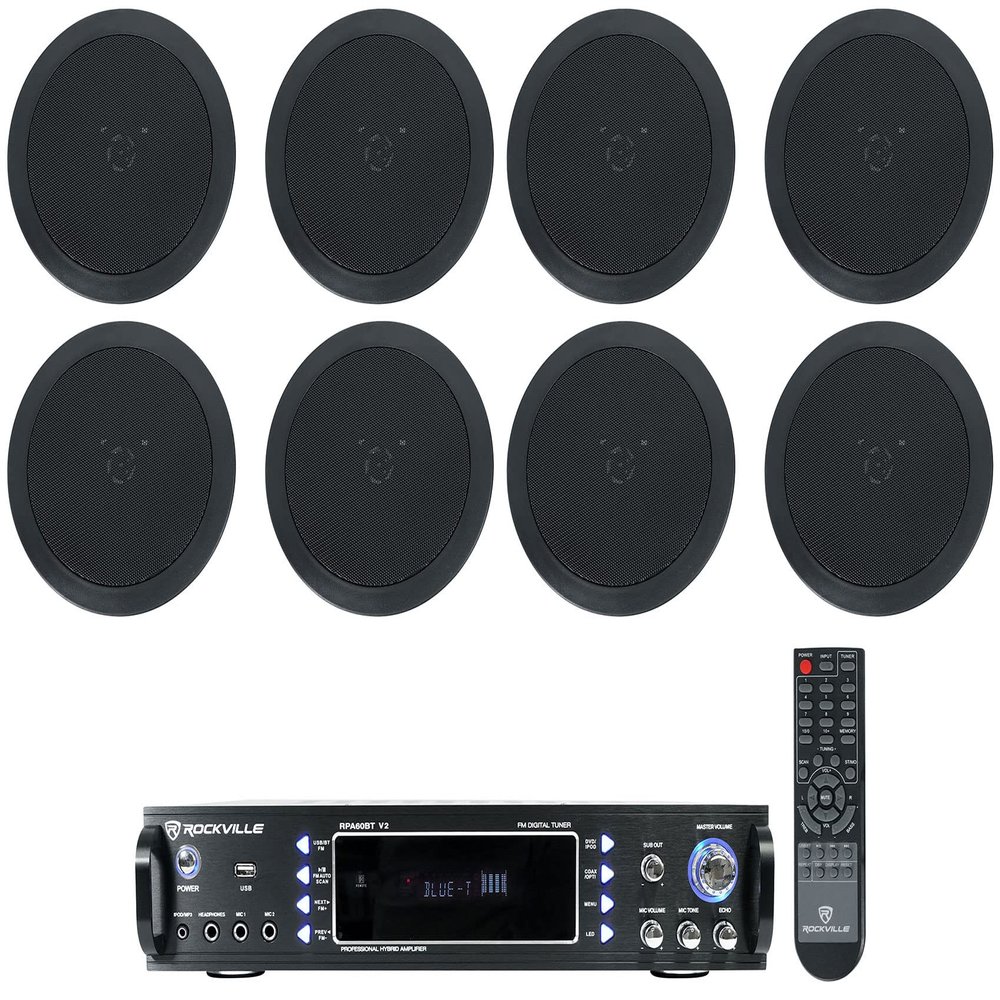 Rockville RPA60BT V2 Bundle: 1000-Watt 2-Channel USB Bluetooth DJ/Pro/Karaoke Amplifier Mixer, (8) HC55-16 Black 5.25 in 300-Watt in-Ceiling Home Theater Speakers, 9-Items