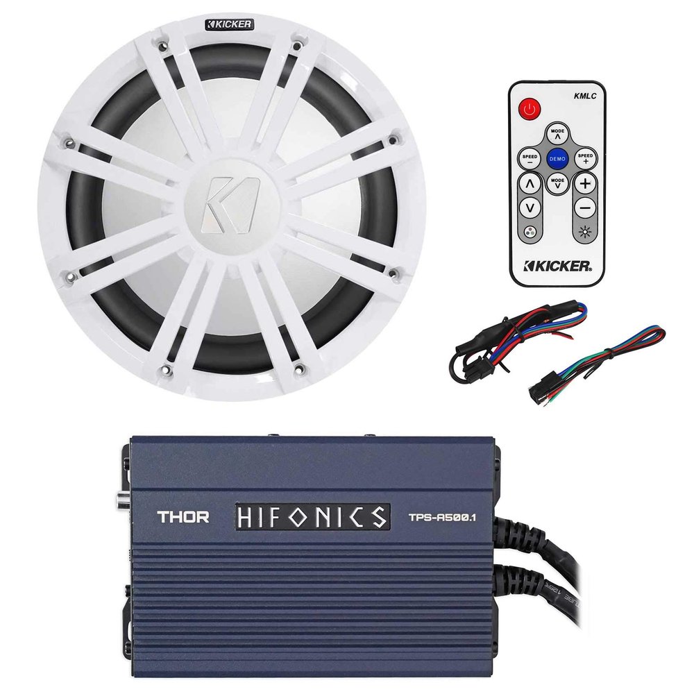Audiosavings Bundle: Kicker 45KM102 Marine Boat Subwoofer Bundle with Kicker 45KMG10W 10" White Grille & 41KMLC KMLC LED Light Controller, Hifonics TPS-A500 Marine Amplifier (4 Items)