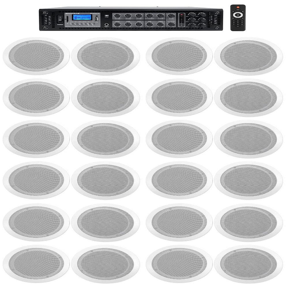 Rockville Bundle RCS350-6 350 Watt 6 Zone 70v Commercial/Amp/Bluetooth Bundle with (24) CC65T White 6.5" Commercial 70v Ceiling Speakers (25 Items)