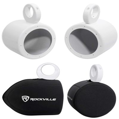 Rockville MAC65W Bundle: (2) 6.5 in White Aluminum Wakeboard Tower Speaker Pod Enclosures, (2) RWBC Neoprene Covers for Marine Wakeboard Tower Speakers, 4-Items