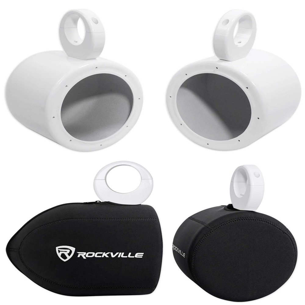 Rockville MAC65W Bundle: (2) 6.5 in White Aluminum Wakeboard Tower Speaker Pod Enclosures, (2) RWBC Neoprene Covers for Marine Wakeboard Tower Speakers, 4-Items