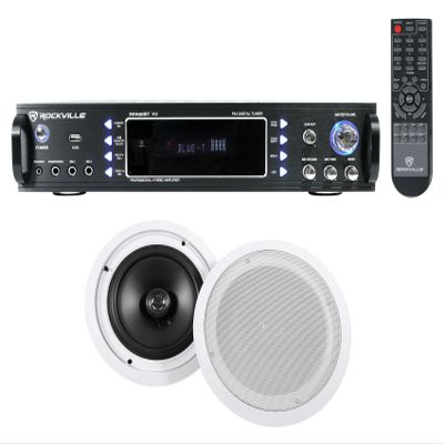 Rockville RPA60BT Bundle: 1000W 2-Channel USB Bluetooth Karaoke Receiver/Mixer, Pair Rockville HC85 8 in 700W in-Ceiling Home Theater Speakers, for Home Audio & Karaoke, 2-Piece