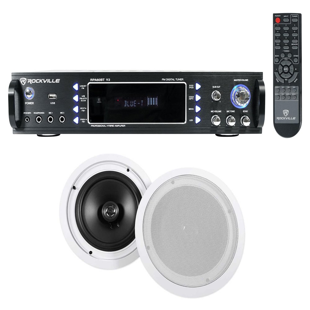 Rockville RPA60BT Bundle: 1000W 2-Channel USB Bluetooth Karaoke Receiver/Mixer, Pair Rockville HC85 8 in 700W in-Ceiling Home Theater Speakers, for Home Audio & Karaoke, 2-Piece