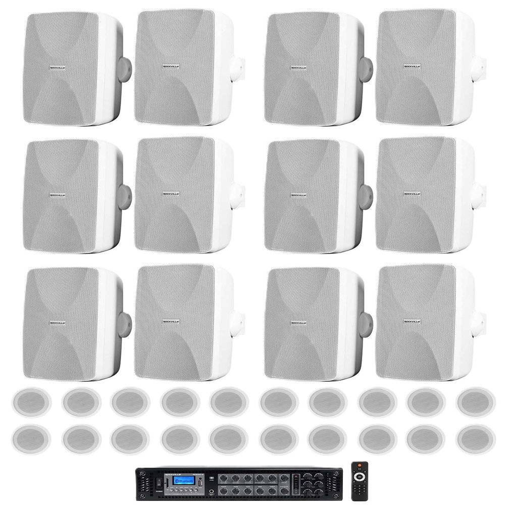 Rockville Bundle RCS350-6 Commercial Amp Bluetooth Bundle with (12) WET-7020W Commercial Wall Speakers & (20) CCL5T Commercial Ceiling Speakers (33 Items)
