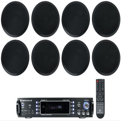 Rockville RPA60BT V2 Bundle: 1000-Watt 2-Channel USB Bluetooth Karaoke Amplifier Mixer, (4) Pair HC85-16 8-in 700-Watt in-Ceiling Home Theater Speakers 16 Ohm for Restaurant Systems, 5-Items