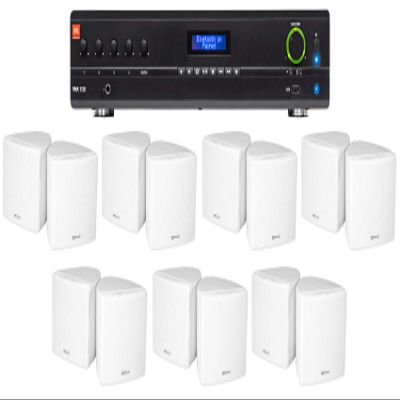 Audiosavings Bundle: JBL VMA1120 Commercial 120W 70v Bluetooth Amplifier, 5 Inputs Bundle with (7) Cube by Rockville Pair of 3.5" White Commercial 70v Swivel Wall Mount Speakers (15 Items)