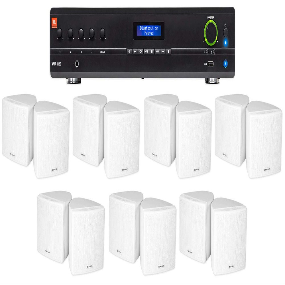 Audiosavings Bundle: JBL VMA1120 Commercial 120W 70v Bluetooth Amplifier, 5 Inputs Bundle with (7) Cube by Rockville Pair of 3.5" White Commercial 70v Swivel Wall Mount Speakers (15 Items)