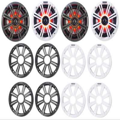 Audiosavings Bundle: (4) Kicker 45KM654L 6.5" 390w Marine LED Speakers w/Charcoal+White Grilles KM65 (4 Items)