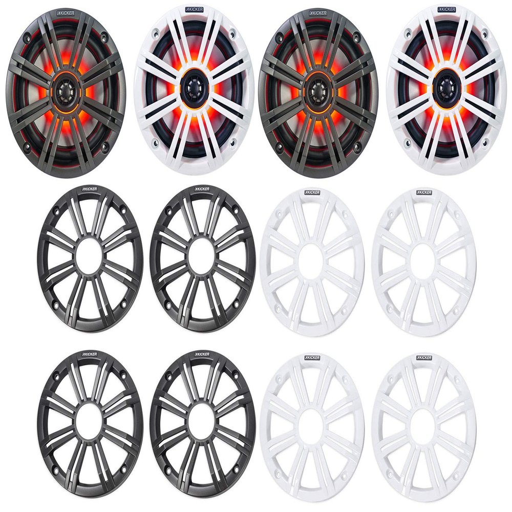 Audiosavings Bundle: (4) Kicker 45KM654L 6.5" 390w Marine LED Speakers w/Charcoal+White Grilles KM65 (4 Items)