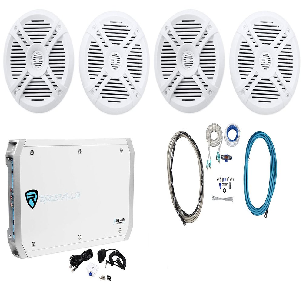 Rockville RXM-S6 Bundle: 2600W Marine 6 Ch Amplifier with PA Mic, (4) RMSTS65W 6.5" 800W Per Pair Waterproof 2-Way Boat Speakers White, RMWK4 4 AWG Marine Amp Installation Wire Kit, 6-Items