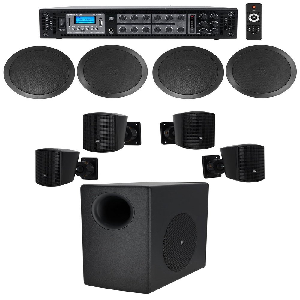 Audiosavings Bundle: Rockville RCS180-6 Commercial Amplifier Bluetooth Bundle with JBL C50PACK Commercial Subwoofer & (2) Rockville CC65T Commercial Ceiling Speakers (4 Items)