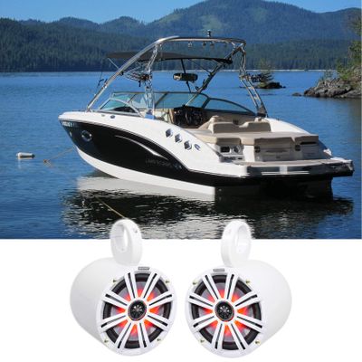 Audiosavings Bundle: (1) Pair Kicker 45KM84L 8" 600 Watt Marine Boat Waterproof Speakers w/LED's KM8 Bundle with (1) Pair Rockville MAC80W 7.7" White Aluminum Wakeboard Tower Speaker (4 Items)